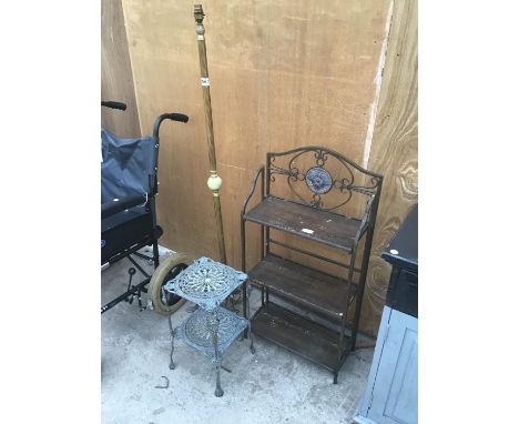 THREE ITEMS TO INCLUDE A SMALL METAL TWO TIER TABLE, AN ORNATE FOLDING THREE SHELF BOOKCASE AND A BRASS EFFECT/OYNX STANDARD 