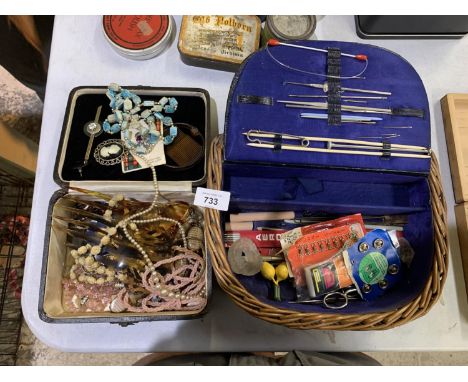 A BOX OF ASSORTED COSTUME JEWELLERY TOGETHER WITH SEWING TOOLS ETC 