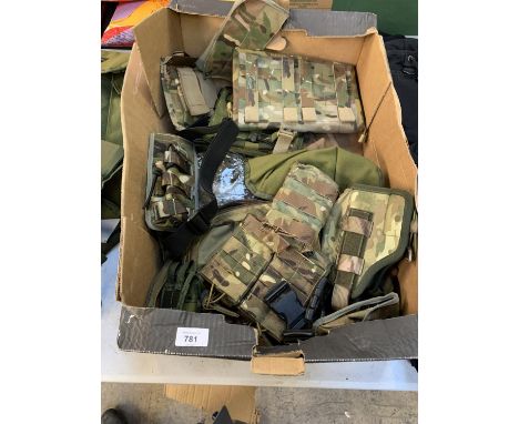 A BOX OF ASSORTED ARMY CAMO POUCHES, GUN HOLSTERS AND FURTHER BELTS AND ACCESSORIES 