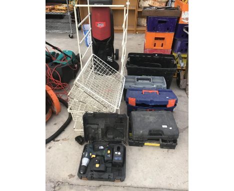 FOUR VARIOUS TOOL BOXES, A CASED POWERCRAFT CORDLESS DRILL WITH TWO BATTERIES AND CHARGER AND A SHELVING RACK 