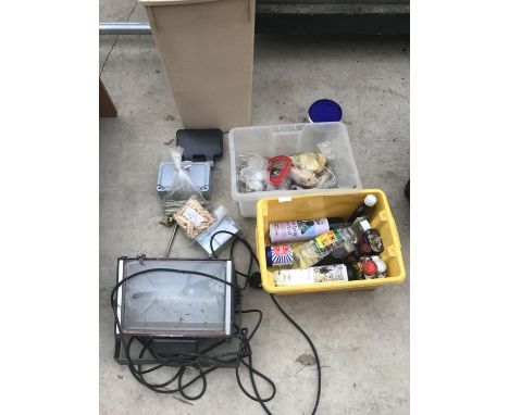 VARIOUS ITEMS TO INCLUDE A LIGHT, DOWLS, ELECTRIC BOXES, HOOKS ETC 