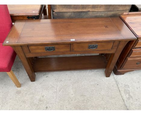 A MODERN MAHOGANY SIDE TABLE WITH TWO DRAWERS AND LOWER SHELF