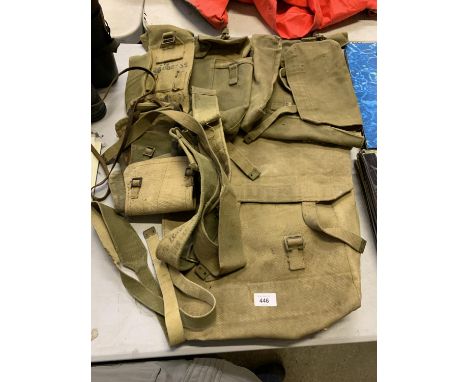 A VINTAGE ARMY BAG AND FLASK ETC 