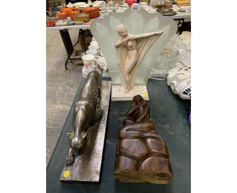 A METAL JAGUAR FIGURE, WOODEN FIGURE OF A WOMAN AND A GLASS AND CERAMIC DECORATIVE LIGHT 