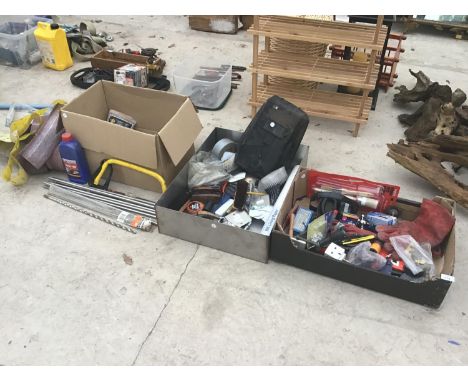 VARIOUS ITEMS IN A METAL BOX TO INCLUDE HARDWARE, SHOE CLEANING ITEMS, DRILL BITS ETC 