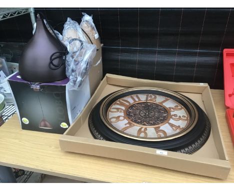A NEW AND BOXED LARGE ORNATE WALL CLOCK, CEILING PENDANT AND A THREE SHADE CEILING PENDANT 