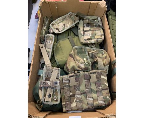 A BOX OF ASSORTED ARMY CAMO POUCHES, GUN HOLSTERS AND FURTHER BELTS AND ACCESSORIES 