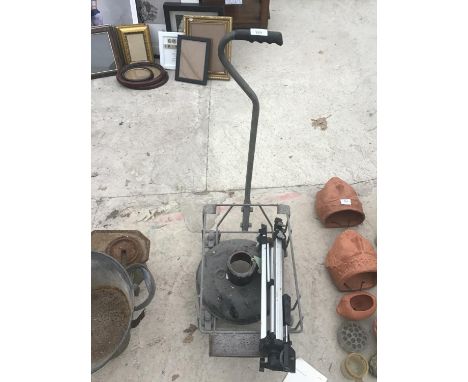 A SMALL METAL TROLLEY WITH INDUSTRIAL LAMP SHADE AND A TRIPOD 