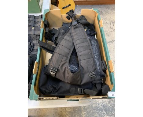 A BOX OF ASSORTED ARMY CAMO POUCHES, GUN HOLSTERS AND FURTHER BELTS AND ACCESSORIES 