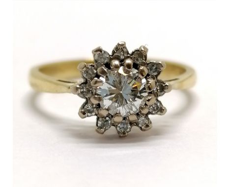 18ct marked gold diamond cluster ring - size K½ &amp; 3g total weight ~ head has slight distortion 