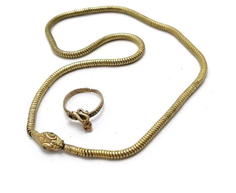 Vintage snake design necklace with green eyes (38cm) t/w associated ring (lacks 1 red eye) - SOLD ON BEHALF OF THE NEW BREAST