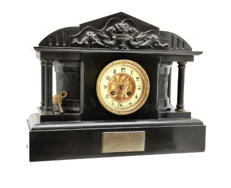 Victorian slate mantle clock, decorated with classic scenes and columns, 37.5cm wide x 32cm high x 15cm deep, presentation pl