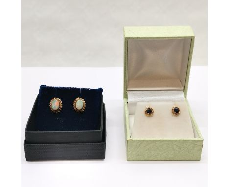 9ct hallmarked gold opal earrings (1.7g total weight) t/w 14ct marked gold sapphire stone set earrings (1g total weight) 