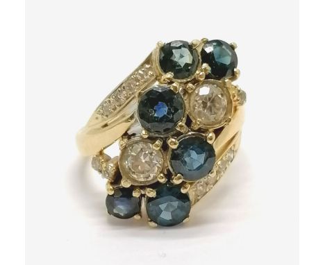 18ct marked gold diamond &amp; blue stone crossover cluster ring - size R½ &amp; 10.3g total weight 