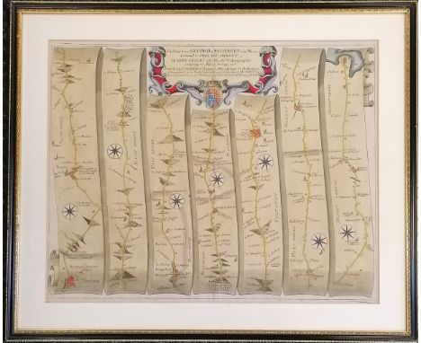 Framed antique road map from Oxford to Salisbury continued to Poole Dorset by John Ogilby (1600-76) - frame 47.5cm x 57cm 