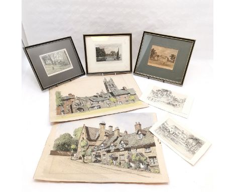 Two unframed watercolours of village scenes, signed E W Moye 48 cm wide x 34 cm high, t/w framed study of Kew Gardens, 2 arch