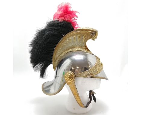 French brass &amp; steel Cuirassier helmet - 36cm high (inc plumage) ~ has original chinstrap, plumage &amp; horsehair detail