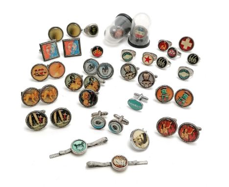 Qty of novelty cufflinks &amp; rings inc Che Guevara ring, lenticular eyes, S&amp;M, New York World Fair, spaceship etc 