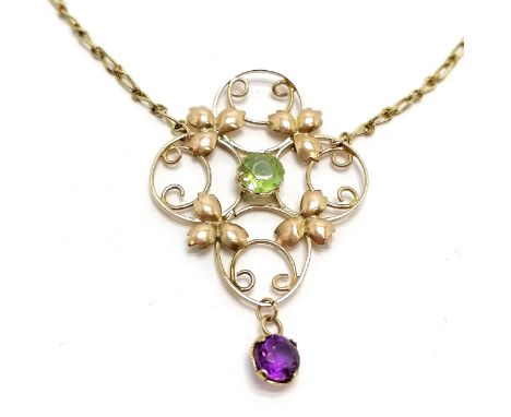 9ct marked gold necklet with Art Nouveau pendant drop set with amethyst / peridot on a later chain - 32cm &amp; 4g total weig