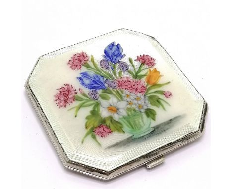 Garrard &amp; Co Ltd silver Guilloche enamel compact depicting a vase of flowers total weight 115g - 1 small dent, nicks to t