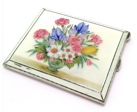Garrard &amp; Co Ltd silver Guilloche enamel cigarette case depicting a vase of flowers - 10cm x 8cm &amp; total weight 165g 