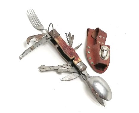 Vintage multi-tool folding pocket / camping knife with antler detail - 29cm extended &amp; has original leather belt holster 