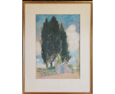 Framed watercolour sketch of cypress trees in a gateway signed John Duncan - frame 38cm x 50cm 