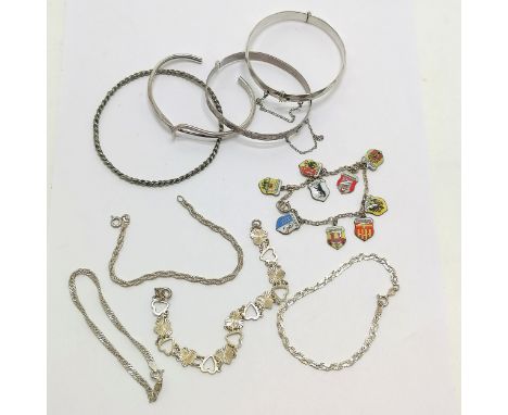 4 x silver bangles (rope twist unmarked), 5 silver bracelets inc heart detail &amp; 1 with 800 silver enamel shields ~ total 