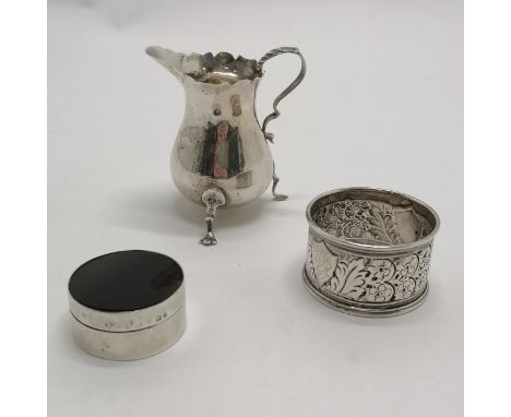 1909 sterling silver cream jug (7cm &amp; has slight distortion) by Henry Clifford Davis, lidded box by PGS &amp; napkin ring