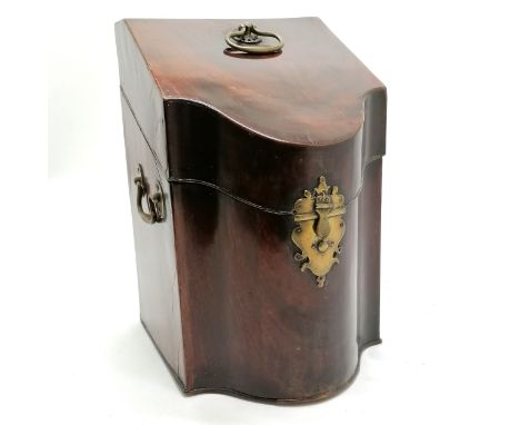 Antique decanter box fitted with brass fittings &amp; 3 squared decanters (22cm high) - box 34cm high 22cm deep 22cm wide ~ 2