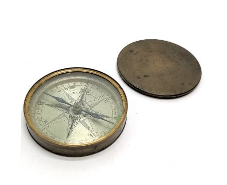 Antique silvered dial brass cased compass Cole Fecit 8.5cm diameter 