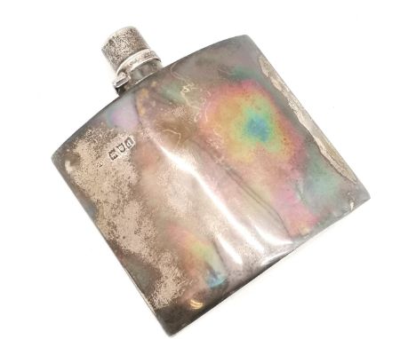 Hubert Thornhill London 1899 silver Demi lune shaped hip flask, 11 cm wide, 12 cm height, good overall used condition, has sl