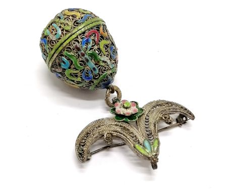 Chinese unmarked silver filigree enamel decorated brooch with egg shaped pomander - 8cm drop &amp; 23g total weight ~ slight 