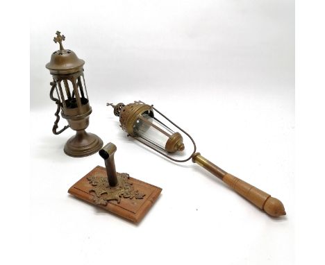Antique Gothic revival ecclesiastical procession candle lantern with turned wooden handle - 62cm t/w swing handle religious c