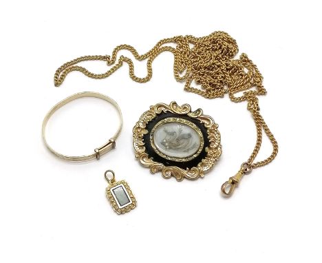 Antique gilt metal mourning brooch (has splits to side &amp; pin mis-shapen), antique languard (132cm) chain, unmarked gold m