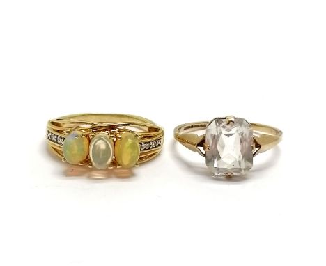 Silver gilt ring set with 3 opals &amp; diamond set shoulders - size O½ t/w 9ct hallmarked gold white stone ring - size Q½ &a