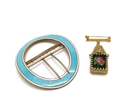 Antique blue &amp; white enamel large gilt metal buckle - 8cm across &amp; no obvious damage t/w scent bottle with a petit po