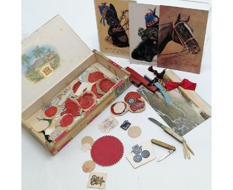 2 x antique penknives (1 with multi-tools) t/w box of crests / seals &amp; 3 postcards &amp; enamel book charm (loose pages) 