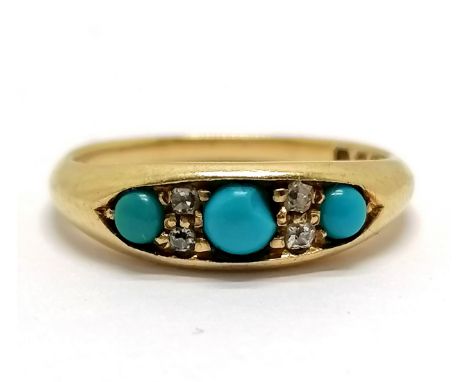 Antique 18ct hallmarked gold turquoise (3) &amp; diamond (4) set ring - size L &amp; 3.1g total weight - centre stone has a c