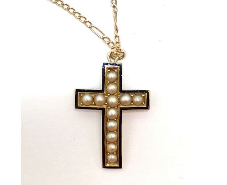 Antique unmarked gold cross set with cut pearl &amp; enamel detail (3cm drop) on a 9ct marked gold 48cm chain - total weight 
