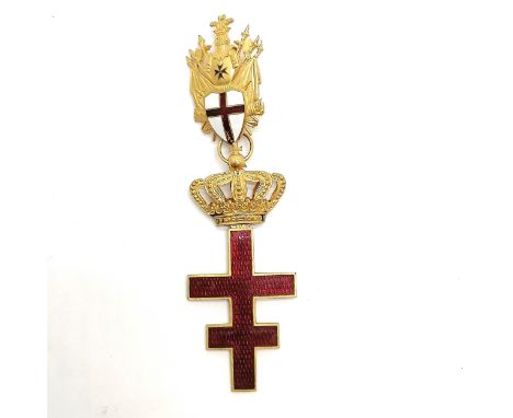 Antique gilt metal and red enamel cross with suspender set with a red and white shield and black Maltese cross 13cm drop - No
