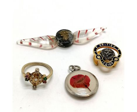 Unmarked ring set with emerald / ruby / white stones, pendant inset with real flower made from Uruguay 50 centesimos coin, sw