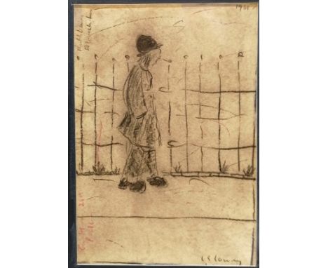 Mounted pencil sketch on paper bearing the signature of L S Lowry of a man walking past railings (annotations on reverse) sig