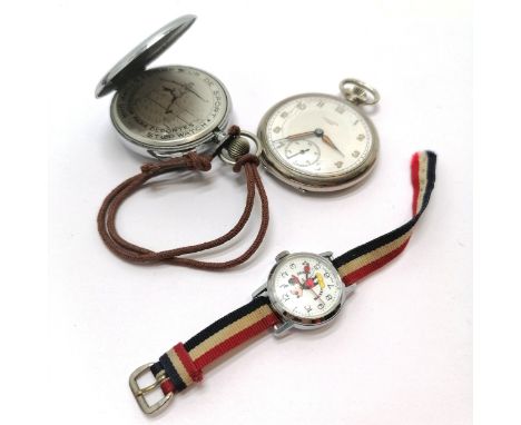 Junghans nickel cased pocket watch (5cm) with white porcelain dial (grazing to glass), childs Bradley Mickey Mouse manual win
