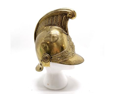 French Sapeurs pompiers de Villiers L M brass firemens helmet - 21cm high ~ lacks liner, chinstrap &amp; has dents 