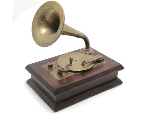 Novelty vintage brass &amp; wooden music box with hand wind mechanism in the form of a gramophone - 18cm x 12cm x 18cm high &