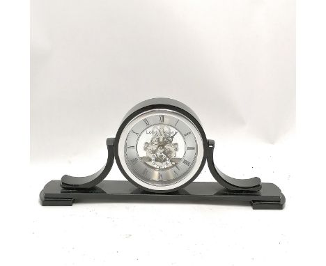 London Clock Co black glass mantle clock with quartz skeletal movement - 30cm x 12cm high 
