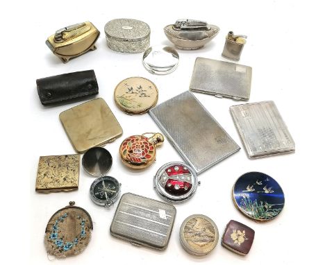 Compacts (inc Stratton sports decorated), vintage cigarette cases, Guerlain perfume bottle, ladybird mirror, compass etc 