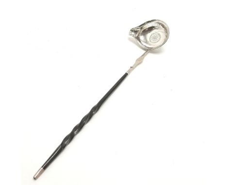 Unmarked silver toddy ladle with inset 18th century Portugal João V 6 Vinténs coin &amp; with twisted baleen handle - 40cm lo