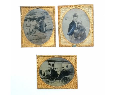 3 unframed antique Ambrotype early photographs depicting a family in a horse drawn cart and on a beach 8cm x  7cm 